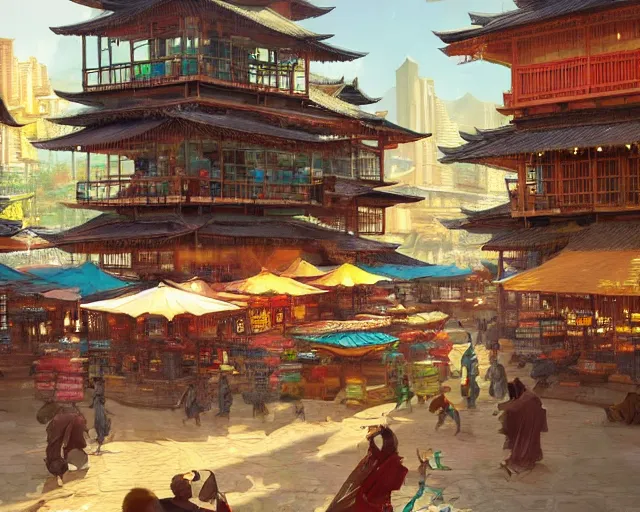 Image similar to colorful, bustling marketplace in a great kitsune city, bamboo, fountain, a fantasy digital painting by Greg Rutkowski and James Gurney, trending on Artstation, highly detailed