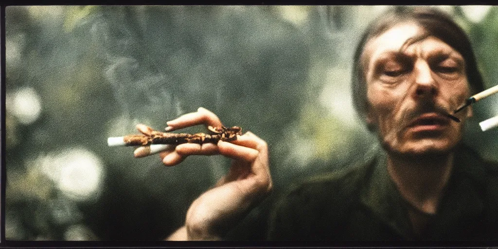 Image similar to detailed medium format photo, polaroid still from tarkovsky movie, frog while smoking a cigarette, haze, high production value, intricate details, 8 k resolution, hyperrealistic, hdr, photorealistic, high definition, tehnicolor, award - winning photography, masterpiece, amazing colors