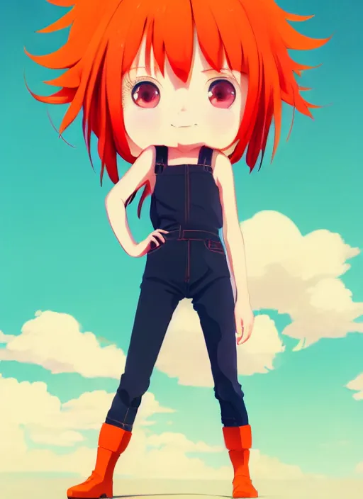 Image similar to portrait of cute redhead girl in orange jumpsuit with fox ears by ilya kuvshinov, holding a cactus, cloudy sky background lush landscape illustration concept art anime key visual trending pixiv fanbox by wlop and greg rutkowski and makoto shinkai and studio ghibli