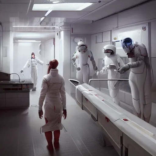 Prompt: a space woman in a white nurse uniform examinating an alien in a space station hospital, Matte painting , detailed painting, greg rutkowski