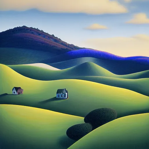 Image similar to a painting of the rolling hills, an ultrafine detailed painting by rafal olbinski, behance contest winner, pop surrealism, detailed painting, very detailed, minimalist, skeuomorphic, airbrush art