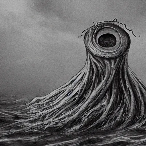 Image similar to a gigantic lovecraftian cyclope emerging from under the ocean, gazing to the sky, old 3 5 mm ilford black and white, photorealistic, anamorphic lens, highly detailed, high definition, hyperrealistic