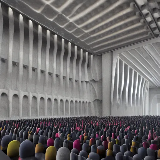 Image similar to cinema 4 d render, weta digital, inside the grand hall of a stunning giant huge brutalist cement palace, a giant floating screaming face made out of swirling colorful glowing particles, a huge crowd of people in black cult robes kneeling down, octane render, featured on cgsociety, volumetric lighting and shadows, fog, moody, atmospheric, 8 k