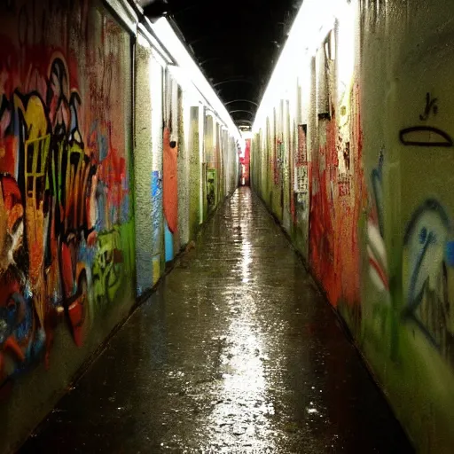 Image similar to dimly lit urban tunnel filled with beautiful graffiti,rainy,striking