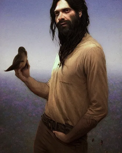 Image similar to portrait of a man with long black hair and beard holding a bird, full moon in the background, fine portrait, beautiful, concept art, by greg rutkowski, by jean delville