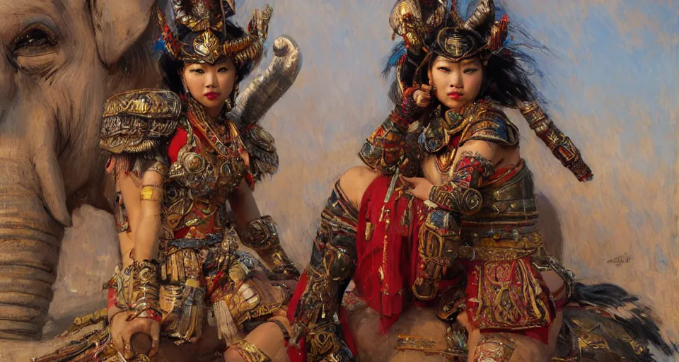 Image similar to portrait of the ethnic asian female wearing tribal armor, sitting on top of a war elephante poses by gaston bussiere, anna nikonova aka newmilky, greg rutkowski, yoji shinkawa, yoshitaka amano, tsutomu niehi, impressionism, monet,