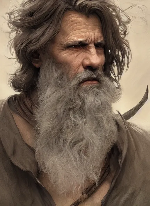 Image similar to portrait of a ruggedly old handsome cleric, soft hair, muscular body, half body, hairy, d & d, fantasy, intricate, elegant, highly detailed, digital painting, artstation, concept art, smooth, sharp focus, illustration, art by artgerm and greg rutkowski and alphonse mucha