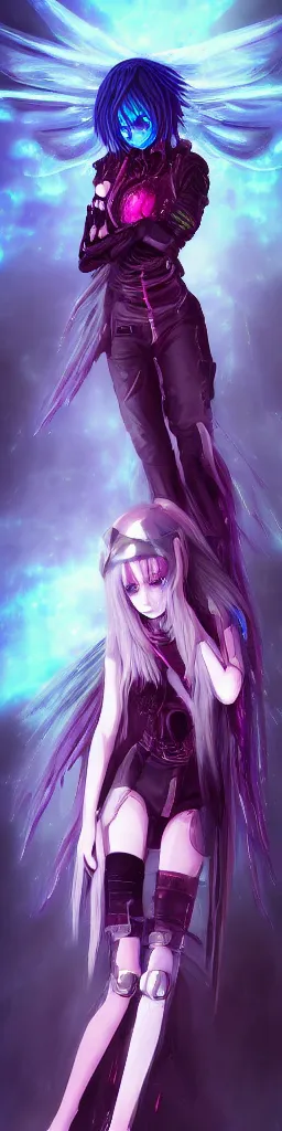 Image similar to anime cyberpunk dark fantasy gothic art, cute and beautiful full body female damaged cyborg - angel in the style of stand alone complex, akira, durararara, red blue purple black fade, intense watery glowing red and blue eyes, cinematic lighting, highly intricate detailed, wavy hair, advanced digital anime art, wlop and rossdraws and sakimimichan