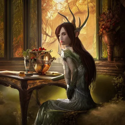 Prompt: A female archfey from the Feywild sitting in the dining room alone, 4k resolution, oil painting, highly detailed