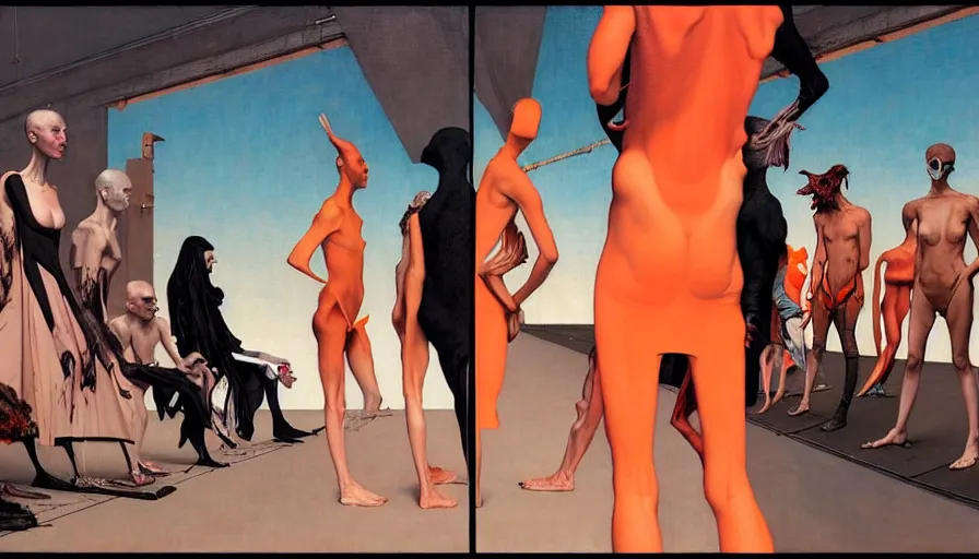 Prompt: rick owens runway show by francis bacon, surreal, norman rockwell and james jean, greg hildebrandt, and mark brooks, triadic color scheme, by greg rutkowski, syd mead and edward hopper and norman rockwell and beksinski, lingerie, dark surrealism, orange and turquoise
