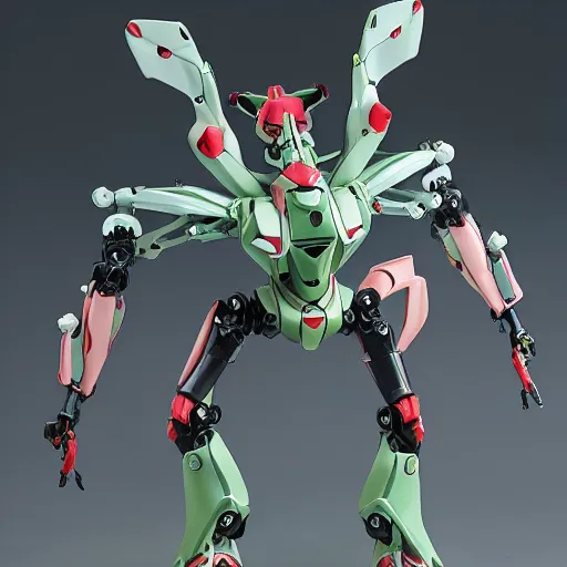 Prompt: evangelion combat mecha with a realistic nymphaea waterlily head stepping out of a pond holding sci - fi weapons. floral amphibious power armor with waterlily helmet and hard surface exoskeleton. bandai box art, 8 k hd resolution, r / mecha