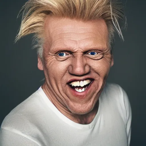 Image similar to centered detailed portrait of a caricature of Gary Busey smiling by Alina Ivanchenko,Alessio Albi and Shin JeongHo, shot on 70mm, hyper realism,