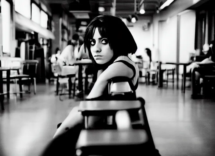 Prompt: photograph of an emo girl sitting in a cafeteria, 2006, yellow fluorescent lighting