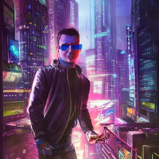 Image similar to epic portrait of cyberpunk Carpenter Charisma wearing mirrorshades, Night City, cyberpunk 2077, neon megacity in the background, angry and bored, illustration, soft lighting, soft details, painting oil on canvas by mark arian by artgerm, trending on artstation, 4k, 8k, HD