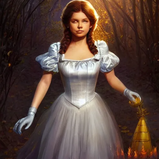 Prompt: full body portrait of Dorothy Gale from the Wizard of Oz, D&D, fantasy, intricate, elegant, highly detailed, digital painting, artstation, concept art, smooth, sharp focus, illustration, art by artgerm and greg rutkowski and peter mohrbacher