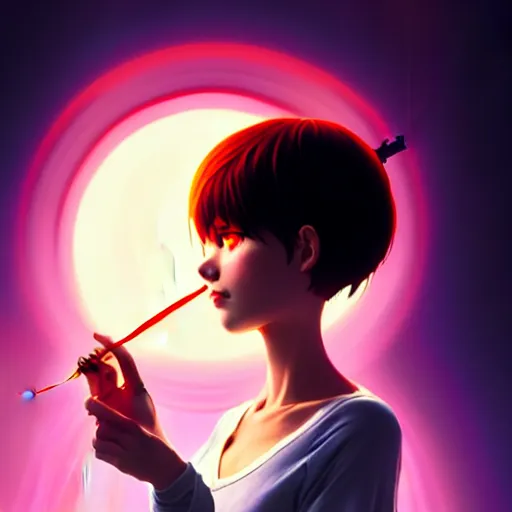 Image similar to a woman holding a magic wand casting a spell, concept art by Ilya Kuvshinov, contest winner, fantasy art, official art, concept art, high detail, experimental, high quality, hyperrealistic, 4k