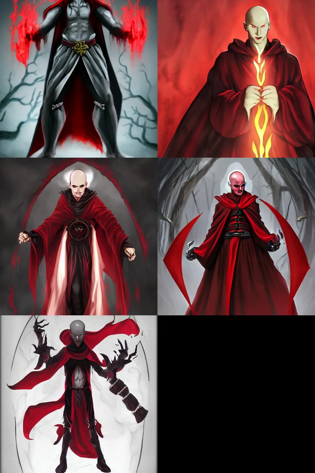 Prompt: D&D Evil necromancer with pale skin, bald head, and red and black flowing robes. Eyes are red. Long fingernails