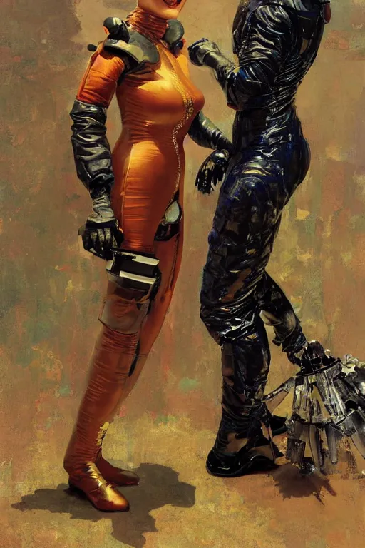 Image similar to minoton standing beside elegant lady wearing a latex spacesuit, by norman rockwell, jack kirby, jon berkey, earle bergey, craig mullins, ruan jia, jeremy mann, tom lovell, marvel, astounding stories, 5 0 s pulp illustration, scifi, fantasy, artstation creature concept, sinbad movie, harryhausen