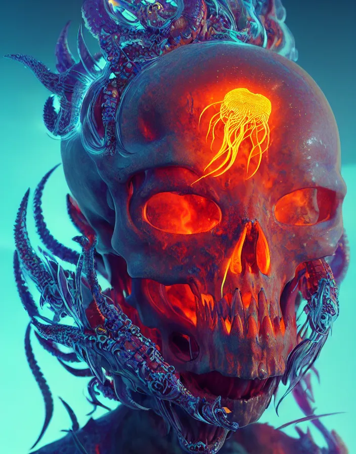 Prompt: demon goddess close-up portrait skull, jellyfish phoenix dragon, butterfly squid, burning halo, intricate artwork by Tooth Wu and wlop and beeple, greg rutkowski, very coherent symmetrical artwork, cinematic, hyper realism, high detail, octane render, unreal engine, 8k, Vibrant colors, Smooth gradients, High contrast, depth of field