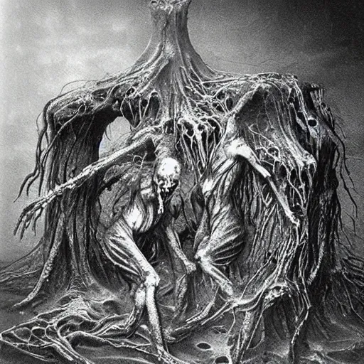 Image similar to merge skeletons in the hundreds reaching out from a broken portal to hell, melting metal vortex, beksinski + gammell + mcfarlane + giger, wispy realistic horrors