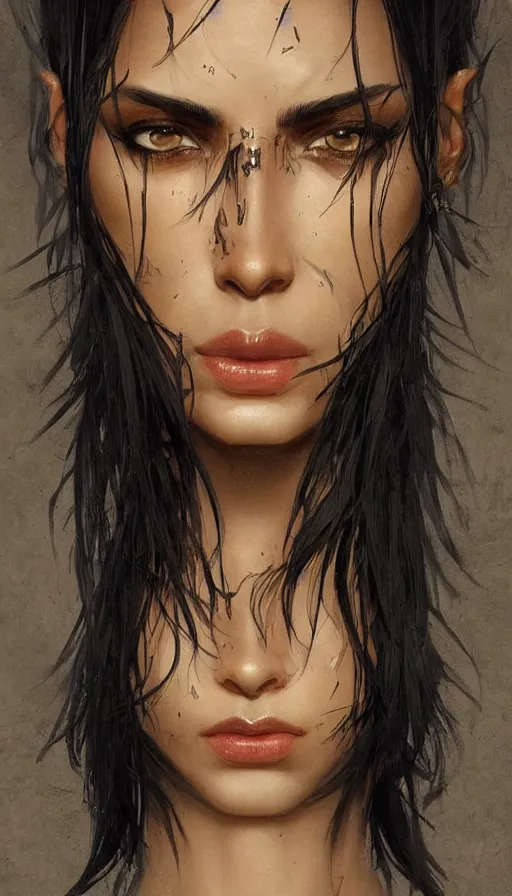 Image similar to woman with short, spiky black hair and dark skin, slanted amber eyes, long thin scar on her face. highly detailed, digital painting, artstation, concept art, sharp focus, beautiful face, expressive eyes, illustration, art by Artgerm and greg rutkowski and alphonse mucha