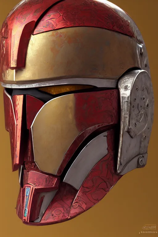 Image similar to an artistic and realistic 8k sculpture of a mandalorian helmet, bright psychedelic color, dramatic lighting, silver gold red details, filigree, intricate details, cinematic, elegant, micro detail, octane render, filmic, interesting camera angle, 8k post-processing, intricate art by John Collier and Krenz Cushart and Alphonse Mucha and Greg Rutkowski