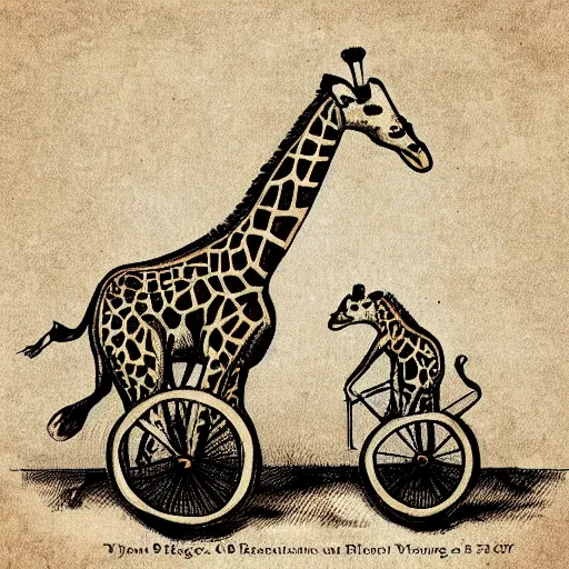 Prompt: giraffe pig hybrids riding bicycles, sepia toned illustration