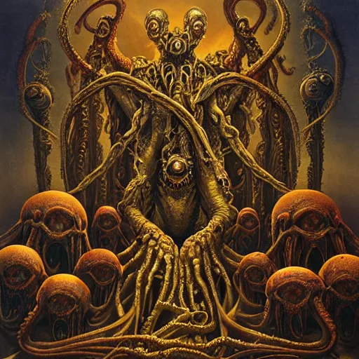 Prompt: monstrous and twisted altar with a statue to a many eyeballs, pustule, boil, veiny and four armed cthulhu statue, flayed skulls, slimy tentacles twisting in lotus position. in the style of hr giger and zdzisław beksinski and frank frazetta. golden hour. biomechanical oil painting horror gothic hyperrealistic detail