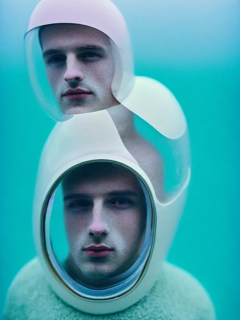 Image similar to high quality pastel coloured film portrait photograph of a beautiful twenty year young male, soft facial features, short hair, perspex space helmet and oversized inflated clothing!! icelandic black rock pool environment. atmospheric three point light. photographic. art directed. ( pastel colours ). volumetric. clearcoat. waves. 8 k. filmic.