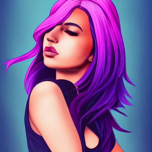 Prompt: a stunning upper body portrait of a beautiful woman with ombre purple and pink hair blowing in the wind by marvel comics, digital art, trending on artstation