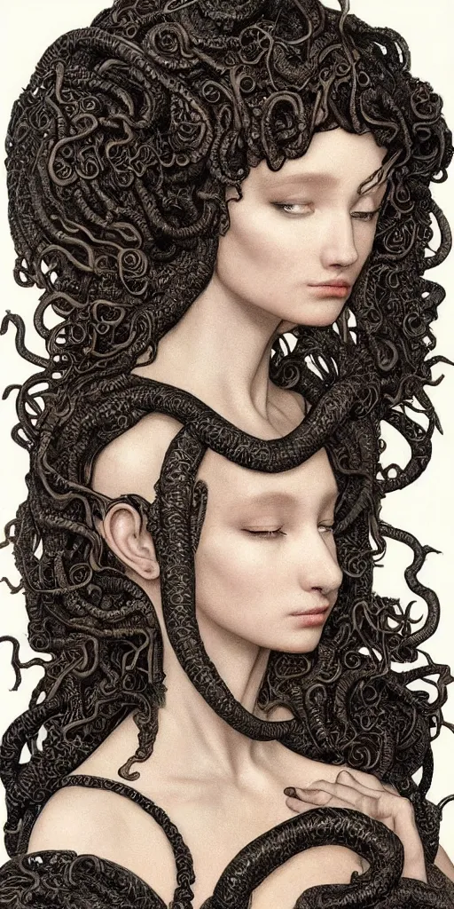 Image similar to a beautiful hyperrealistic portrait pose of a stunning Medusa model in a black glossy scaled dress, intricate, elegant, highly detailed, smooth, sharp focus, award-winning, masterpiece, in the style of Moebius, Brian Froud, John Bauer, Alphonse Mucha