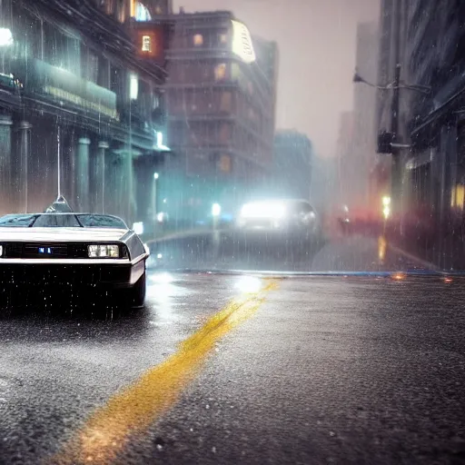 Image similar to hyperdetailed, photorealistic photograph of a dmc 1 2 delorean driving in the streets, rain, night, dense fog, hd, unreal engine 5