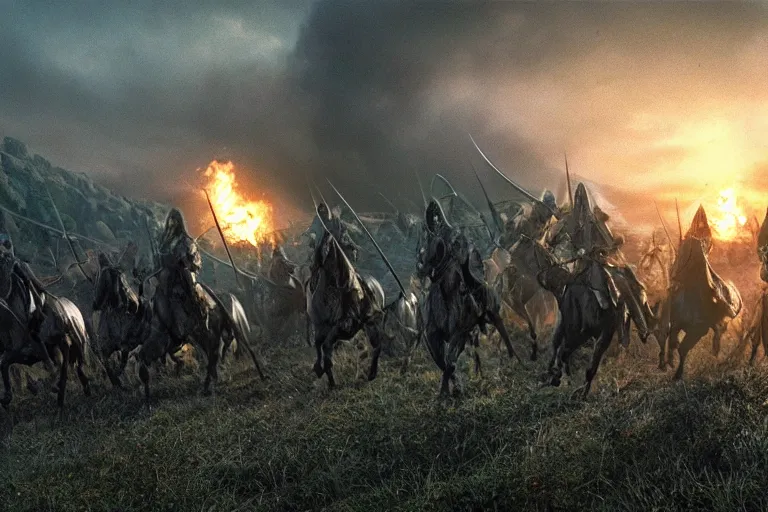 Prompt: film still of 3 Nazgûl, swords drawn, chasing hobbits through the shire as it burns, epic composition, intricately detailed, physically based render, screenshot from Lord of the Rings