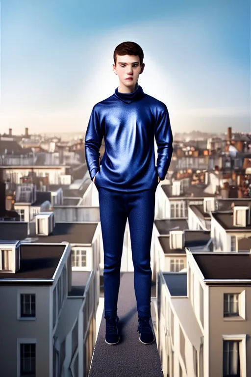 Image similar to un ultra high definition studio quality photographic art portrait of a young man standing on the rooftop of a british apartment building wearing soft padded silver pearlescent clothing. three point light. extremely detailed. golden ratio, ray tracing, volumetric light, shallow depth of field. set dressed.