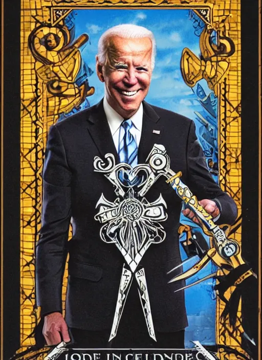 Image similar to joe biden as a kingdom hearts keyblade villain, official square enix tarot card, intricate design, high definition, delicate patterned, fashionable rpg clothing