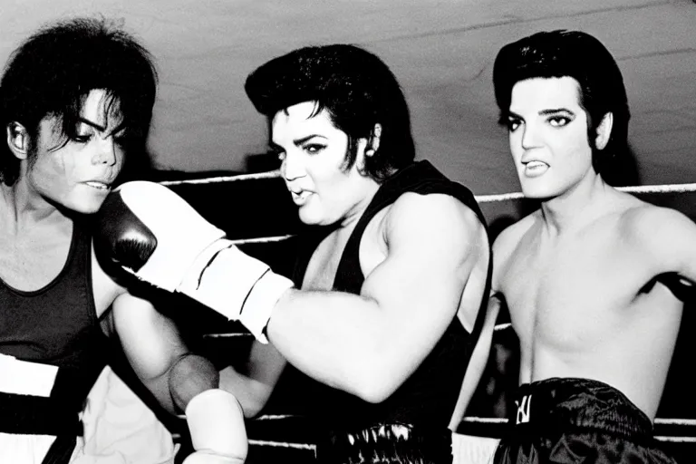 Prompt: michael jackson and elvis presley in the boxing ring