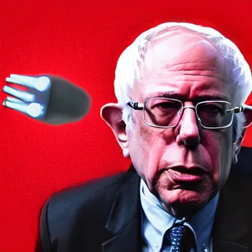 Image similar to a heat ray shooting out of bernie sanders'eyes, synthwave