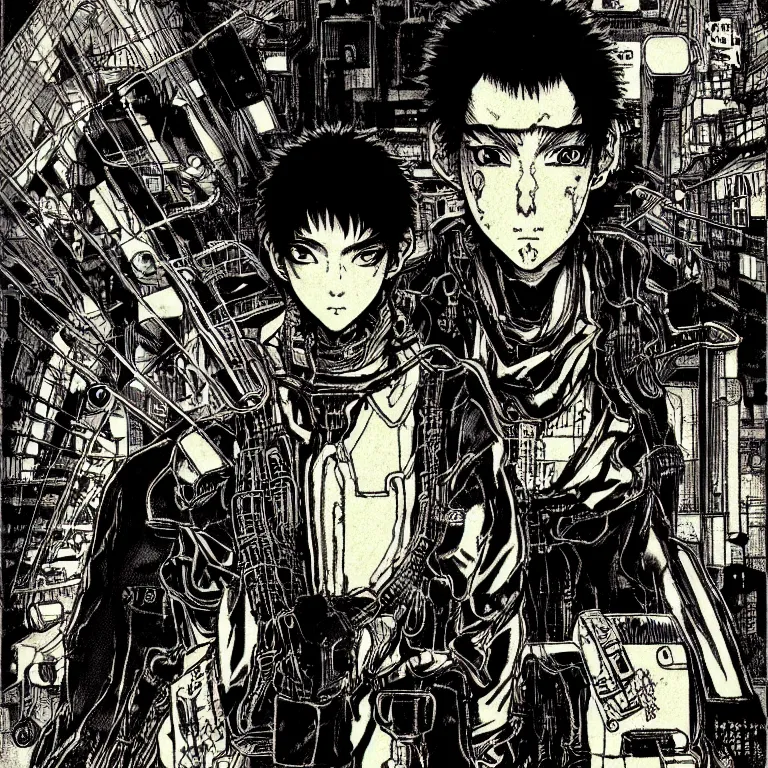 Image similar to cursed illustration of cyberpunk wired hunter, manga style of kentaro miura, by norman rockwell, weirdcore