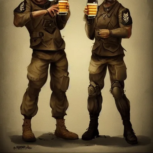 Image similar to two humanoid german shepherds beast - men in military style, they holding a beer, artstation, concept art, smooth, sharp foccus ilustration, artstation