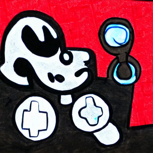 Image similar to a child's drawing of Mr. Game and Watch, Super smash bros character, black figure, Game and Watch