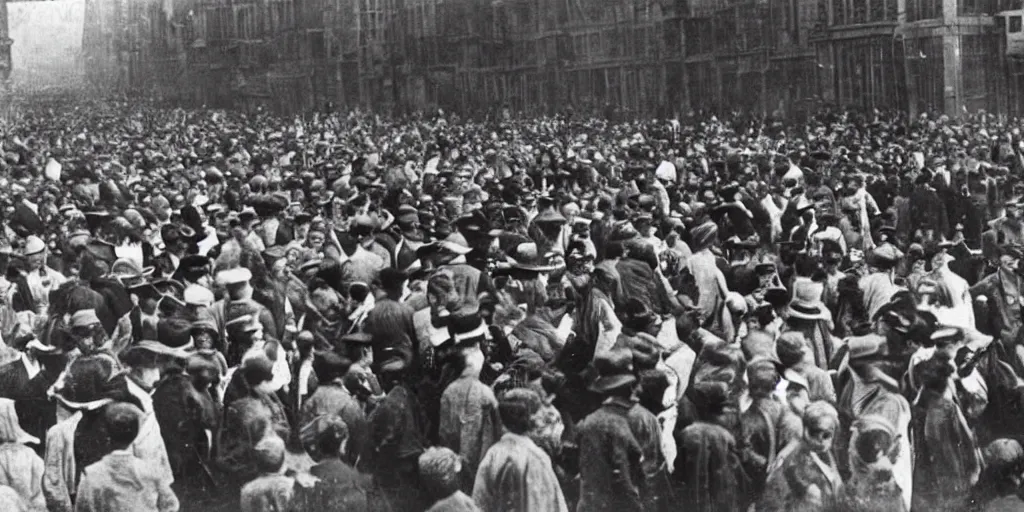 Image similar to scary unproportionable tall ghost creature in the middle of a crowd, 1900s picture