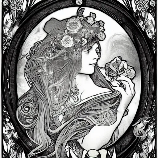 Image similar to Alice in Wonderland,Diamonds Blaze,Rose twining,out of time and space,dreamy, eternity, romantic,highly detailed,in the style of Alphonse Maria Mucha, highly detailed,night lighting