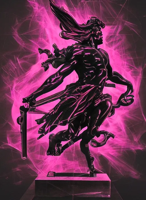 Image similar to elegant dark design poster showing a dynamic statue of achilles, black background with very subtle red and purple design elements, bold, powerful, nekro, vito acconci, thin straight purple lines, dark, glitch art, neo vaporwave, gritty, layout frame, square, trending on artstation