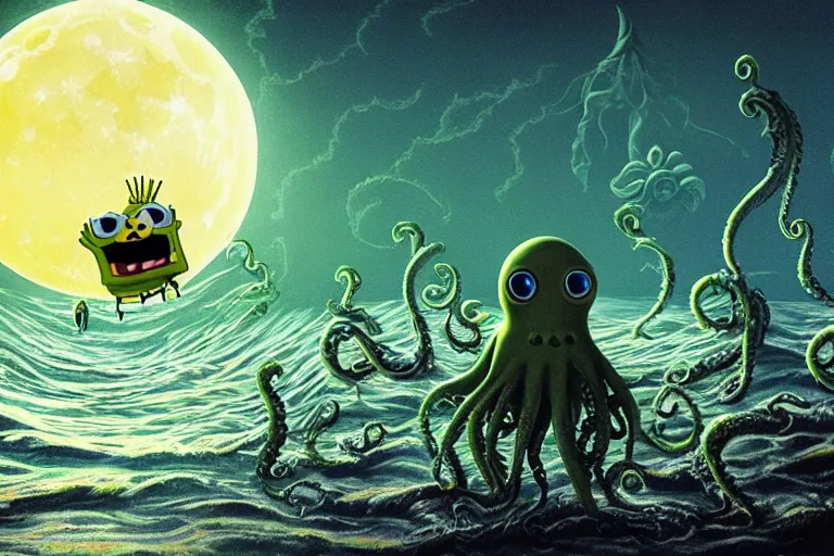 Prompt: Spongebob Cthulhu nightmare, photorealistic, high detail, movie poster, moon surface, silhouetted, lunar horizon