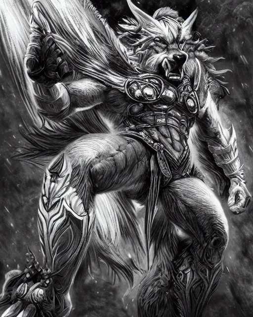 Image similar to A minotaur wolf, full body, black and white, highly detailed, close-up, fantasy art, monster art, in the style of masami kurumada, illustration, epic, fantasy, intricate, hyper detailed, artstation, concept art, smooth, sharp focus, ray tracing