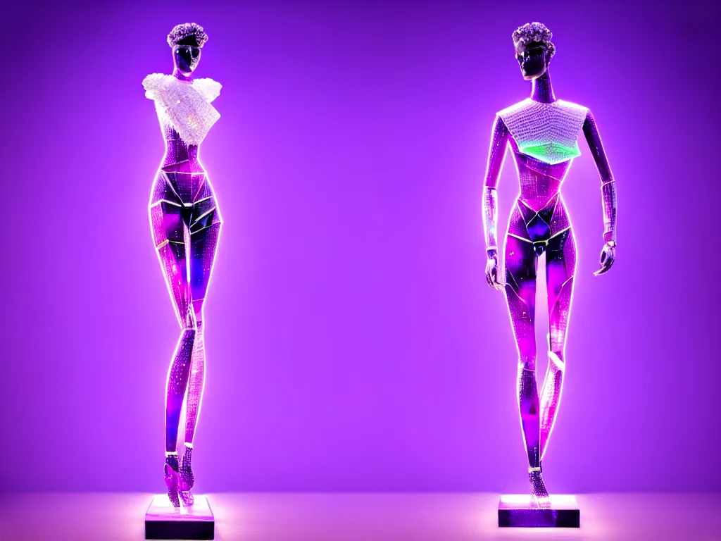 Image similar to beautiful mannequin sculpted out of amethyst by billelis + lit with purple 3 d geometric neon + chrome geometric cubed bonsai plants!!!!, doorway opening with neon pink geometric light, clean linework, dramatic, finely detailed, rule of thirds, moody, confident, award winning, 4 k, trending on artstation, photorealistic, volumetric lighting, octane render