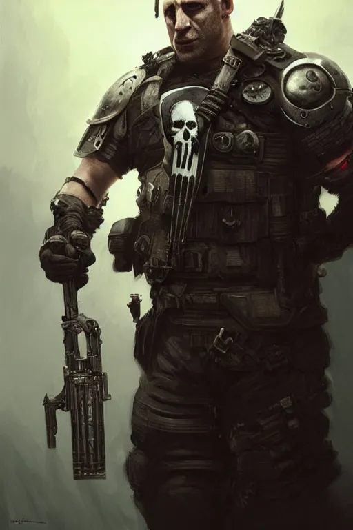 Image similar to Boris Johnson as Punisher with a skull on the armor plate, portrait,, highly detailed, digital painting, artstation, concept art, smooth, sharp focus, illustration, cinematic lighting, art by artgerm and greg rutkowski and alphonse mucha