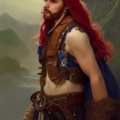 Image similar to portrait of a young carefree pirate, male, masculine, upper body, red hair, long hair, soft hair, D&D, fantasy, intricate, elegant, highly detailed, digital painting, artstation, concept art, matte, sharp focus, illustration, art by Artgerm and Greg Rutkowski and Alphonse Mucha