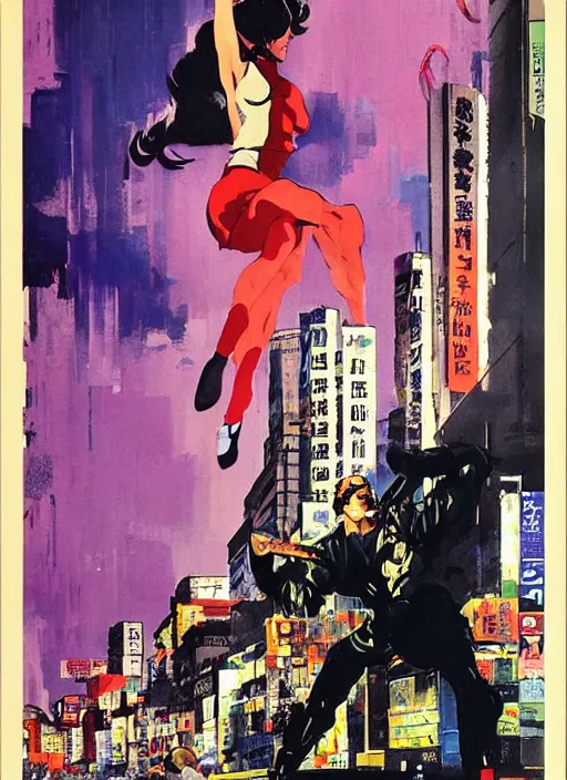 Prompt: attack of the 5 0 foot woman ( 1 9 5 8 ) film as a giant japanese cosplay, girl towering over buildings, by ashley wood, yoji shinkawa, jamie hewlett, 6 0's french movie poster, french impressionism, vivid colors, palette knife and brush strokes, dutch tilt