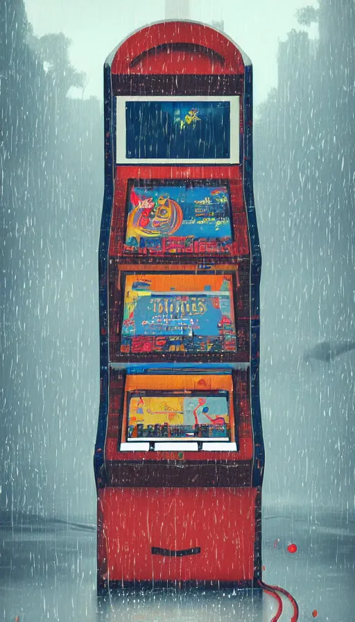 Prompt: arcade cabinet asking for coins in the rain, sharp focus, james gilleard, cinematic, game art, extremely detailed digital painting, print